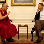 Barack Obama and the 14th Dalai Lama sharing a warm moment during their historic meeting
