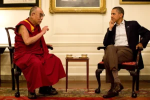 Barack Obama and the 14th Dalai Lama sharing a warm moment during their historic meeting
