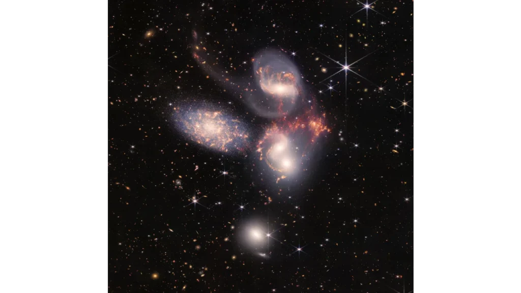 Group of five galaxies interacting, as seen by the James Webb Space Telescope