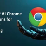 Robotic hand presenting Google Chrome logo with text: Top 10 AI Chrome Extensions for Smarter Browsing