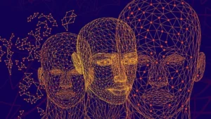 Wireframe digital human heads with interconnected nodes symbolizing weird psychological facts and mind-blowing insights into human psychology