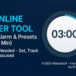 Featured image showing the Online Timer with alarm tool and preset timer options (1, 3, 5 minutes), circular timer UI, and © 2025 Wikihubs24 branding.