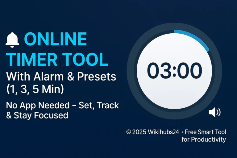 Featured image showing the Online Timer with alarm tool and preset timer options (1, 3, 5 minutes), circular timer UI, and © 2025 Wikihubs24 branding.