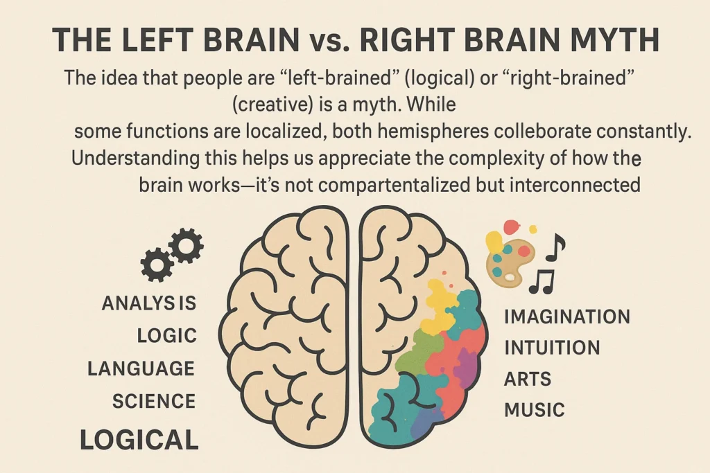 Illustration comparing left brain and right brain functions highlighting the myth.