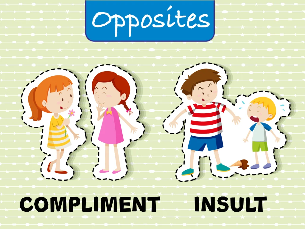 Illustration showing the opposites of compliment and insult, explaining why insults have a stronger psychological impact than compliments.