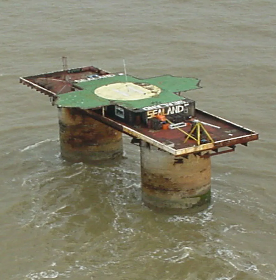 Aerial view of Sealand Micronation sea fort in the North Sea taken in 1999